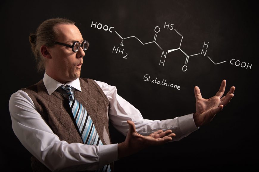 Professor presenting handdrawn chemical formula of Glutathione antioxidant peptide